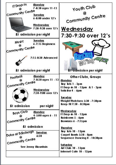 Schedule of Weekly Events for Youth at the Community Centre